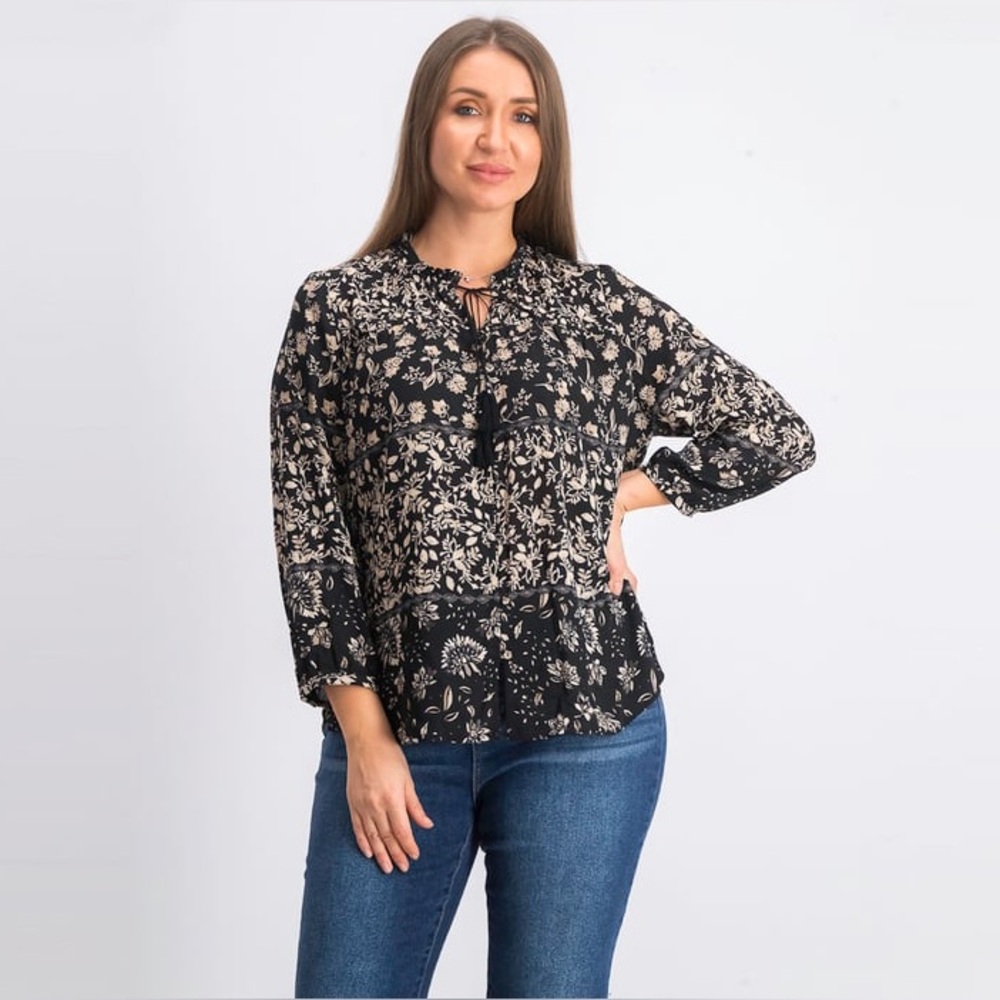 Daniel Rainn Women Floral Black and Cream with Tassels Floral Blouse Size PS